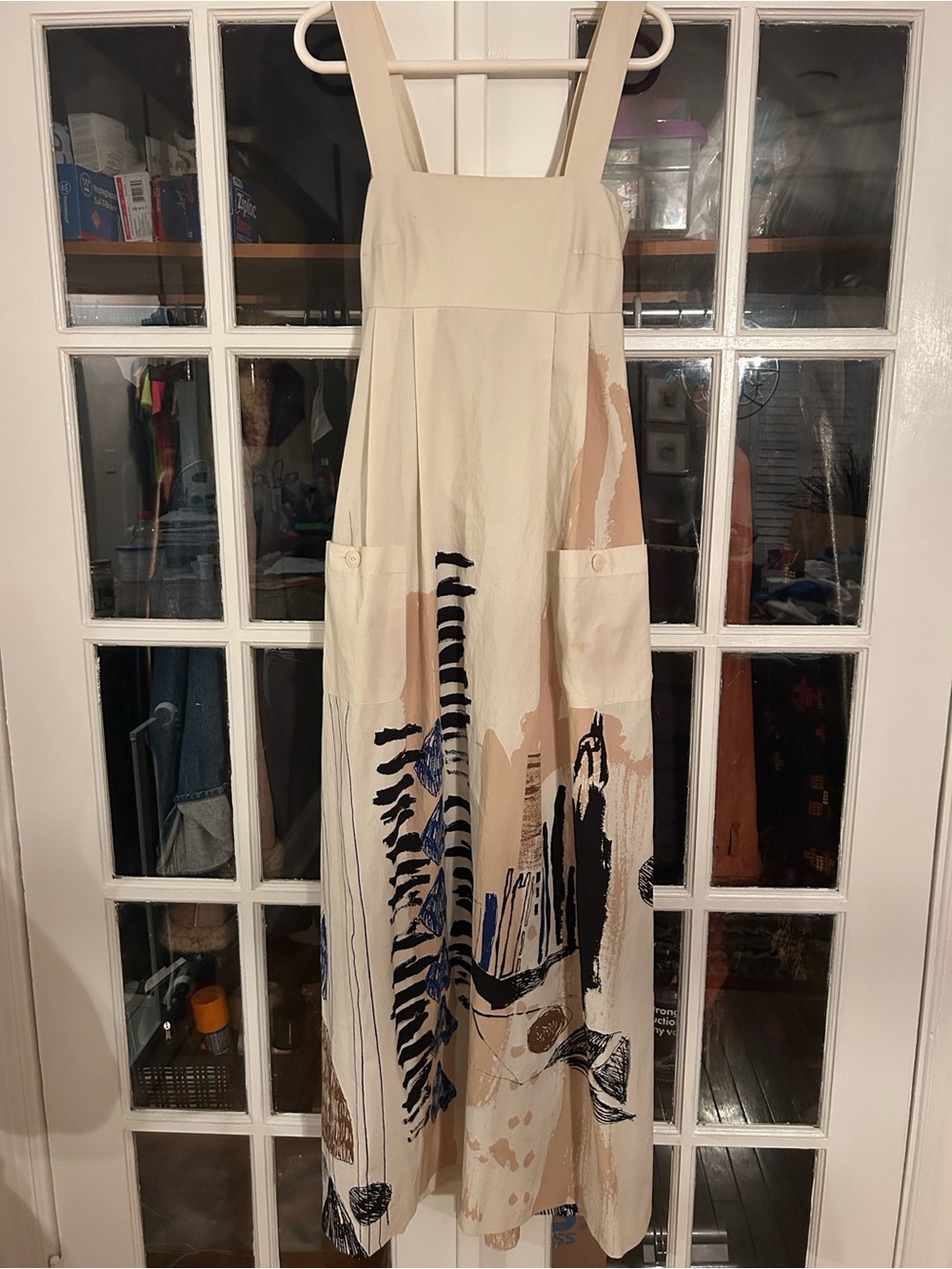 H&M Off-White graphic print, cotton maxi dress with pockets and straps - Picture 2 of 8